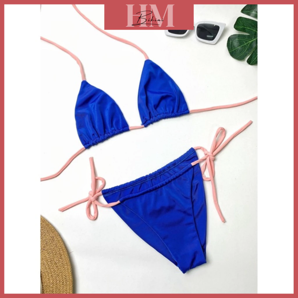 Bikini đồ bơi nữ tam giác xanh dây hồng sexy quyến rũ diện ngày hè