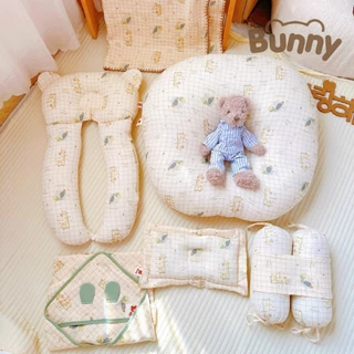 Combo sơ sinh cho bé trai, bé gái Bunny 6 món muslin gối chống trào ngược, gối lõm, gối chặn, gối chữ u, ủ choàng, chăn