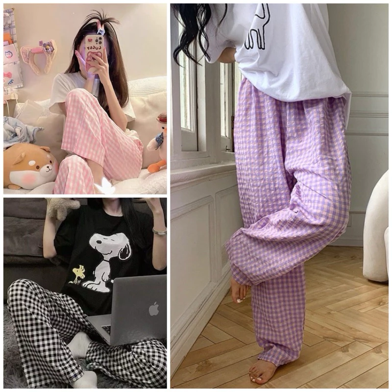 Quần kẻ caro nhiều màu chất mềm mịn dáng rộng phong cách Hàn quốc