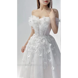 Váy cưới RN DRESS cho dâu đi bàn, đi chup ngoại cảnh, đi tiệc,.. vay hoa voan nhẹ nhàng bay bổng che khuyết điểm bắp tay