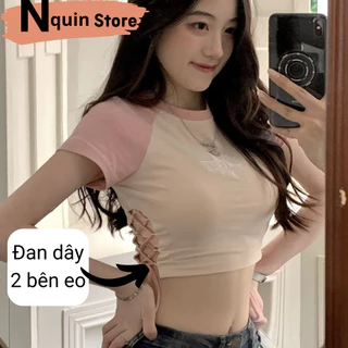 Áo croptop tay ngắn cổ tròn,áo thun nữ thiết kế dáng ôm body phối dây rút 2 bên màu sắc tương phản thời trang Nquin Stor