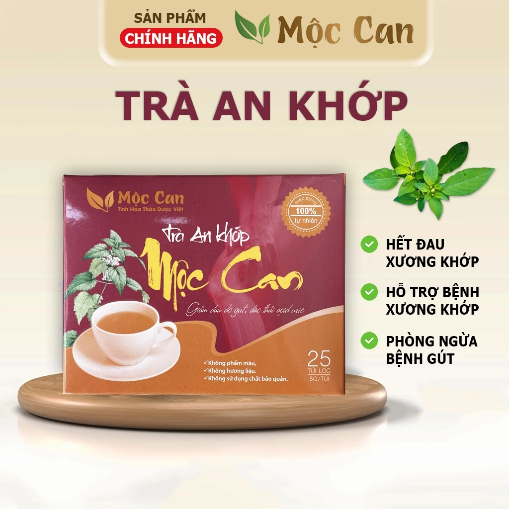 Trà An Khớp Mộc Can, hỗ trợ bệnh gút, giảm viêm đau, thoái hóa khớp, khô khớp, đào thải acid uric, 1 hộp 25 túi lọc