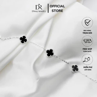 Lắc tay bạc nữ, Vòng tay cỏ 4 lá may mắn đính đá đen xinh xắn thương hiệu D’ROSY JEWELRY LT13