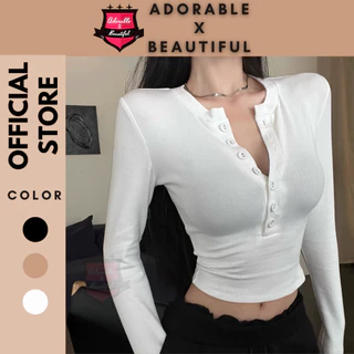 [Ảnh thật] Áo Thun Tay Dài Dày Dặn Nút Bọc Vải Hàng Nhập, Áo Croptop Đen Trắng Form Lửung Y2k  [AdorablexBeautiful]