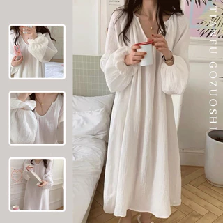 Váy ngủ pyjama màu trắng cotton đũi cổ V dáng suông dài tay dáng dài Hàn Quốc nhẹ nhàng ngọt ngào