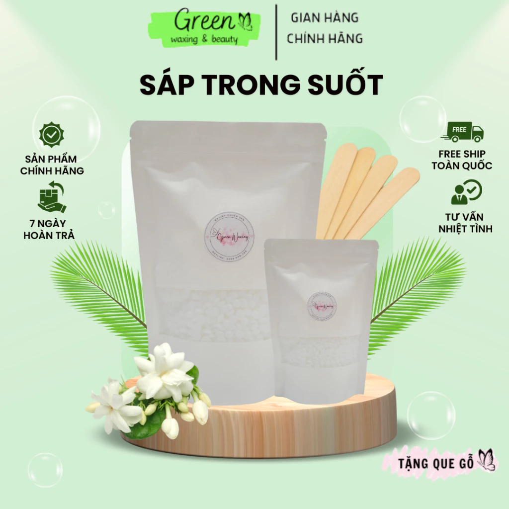 Sáp Wax Lông nóng Trong Suốt  Cao cấp GREEN WAXING siêu bám lông, chuyên wax lông nách râu mép, tặng que gạt