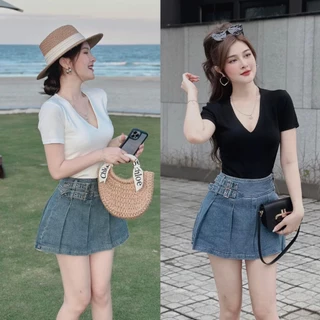 Set bộ đồ nữ áo thun body cổ chữ V mix chân váy jeans xếp ly xòe tôn da, tôn dáng dành cho các nàng diện đi chơi