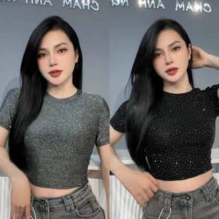 áo thun nhũ đá nữ cổ tròn tay ngắn dáng croptop