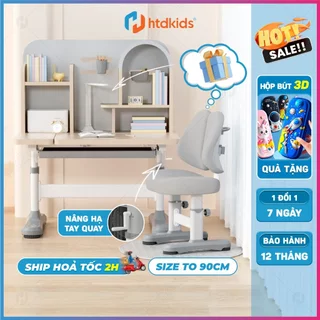 Bộ bàn ghế học sinh chống gù cao cấp mới HTDkids T90, Mặt bàn rộng 90CM tăng giảm chiều cao, giá sách tiện lợi