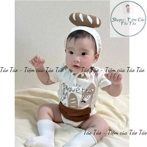 (HÀNG CÓ SẴN) Set bộ body ngắn tay cover Bánh Mỳ kèm mũ cho em bé  từ 5-13kg