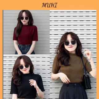 Áo thun nữ croptop cổ cao cộc tay dáng ôm body có 3 màu đen nâu đỏ kiểu dáng trẻ trung năng động AP11 MUHI_STORE