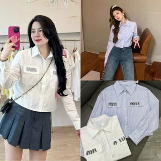 Áo sơ mi nữ dài tay sáng croptop Miu Miu, Áo sơmi kiểu nữ dáng lửng style Hàn Quốc A263