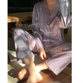 (ORDER) Bộ đồ ngủ dài tay Pijama lụa satin trơn sang chảnh màu tím/nâu vàng Homedress Quảng Châu cao cấp