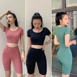 Set tập gym nữ áo croptop ngắn tay kết hợp quần lửng thể thao tập gym yoga aerobic vải thun lạnh 4 chiều của skyless