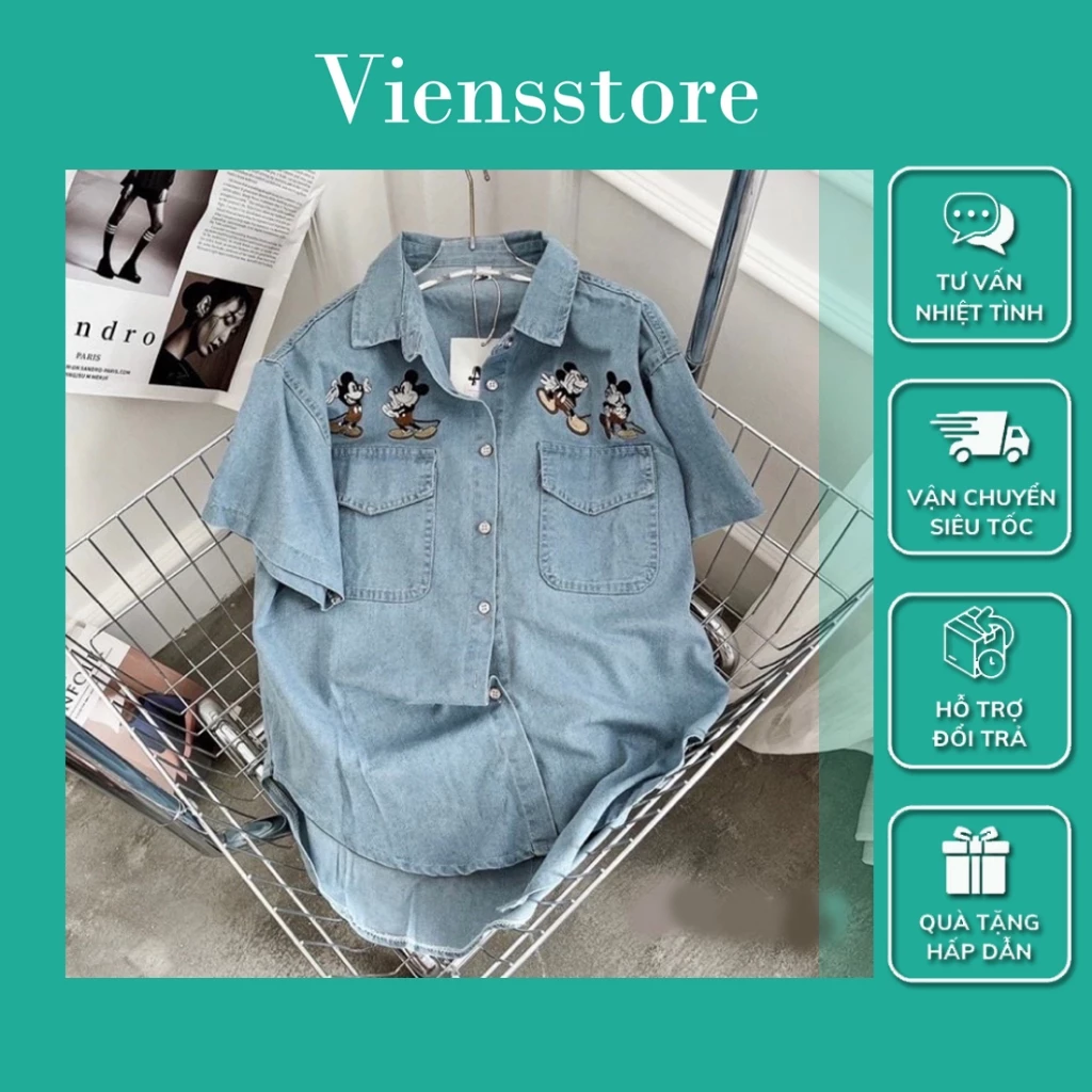 Áo sơ mi jean nữ nhiều họa tiết, áo sơ mi jean tay ngắn VIENS STORE