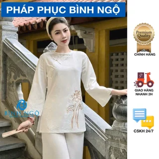 Đồ lam đi chùa nữ bộ pháp phục hoạ tiết hoa Sen tinh tế vải đũi xước cúc chéo đi lễ chùa thanh lịch - Pháp Phục Bình Ngộ