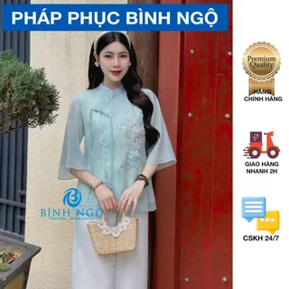 Pháp Phục, Đồ Lam đi chùa set áo vải lụa voan thêu hoạ tiết đẹp, quần lụa xuông thanh lịch nhẹ nhàng- Pháp Phục Bình Ngộ