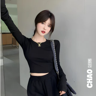 Áo croptop tay dài cổ tròn CHAO CLOTHING thiết kế ôm body tôn dáng chất vải dày dặn co giãn tốt ADT25