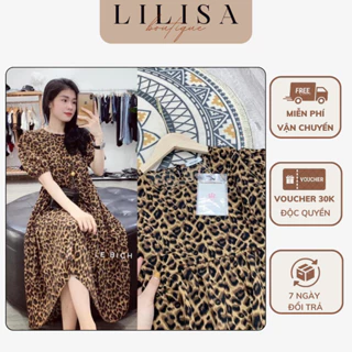 Váy bầu đẹp LILISA, đầm bầu dáng babydoll họa tiết da báo dáng suông, chất vải lụa tằm cao cấp mềm mát