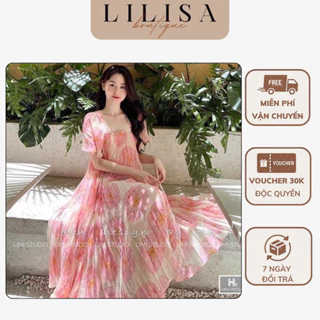 Váy bầu đẹp LILISA, đầm bầu dáng babydoll  họa tiết hoa, chất lụa tơ cao cấp dập ly hai lớp siêu mềm mát