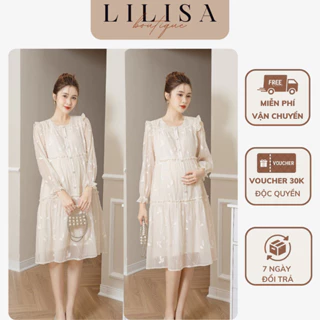 Váy bầu đẹp LILISA, đầm bầu dáng babydoll tay dài họa tiết thuê hoa, lụa hàn cao cấp sang chảnh