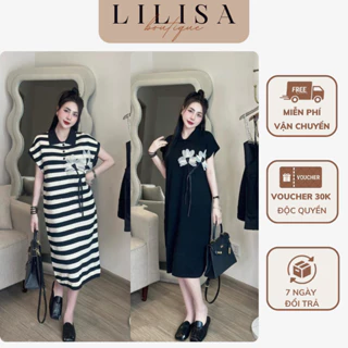 Váy bầu đẹp LILISA, đầm bầu dáng babydoll cổ sơ mi thiết kế đính kèm hoa, chất liệu thun hàn cao cấp