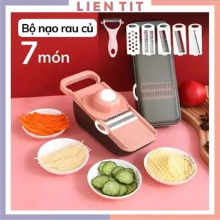 Bộ nạo rau củ quả 7 món đa năng kèm khay đựng và nắp đậy, Bộ dụng cụ nạo bào thái sợi rau củ với 5 lưỡi nạo tiện lợi