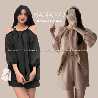 Set xốp nhăn nữ Banamo Fashion bộ áo rút dây thắt nơ vai tay khoét dáng lỡ kèm quần short 128