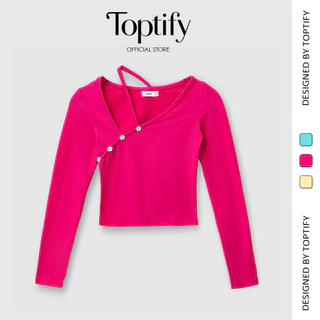 Áo croptop nữ TOPTIFY tay dài cổ chéo đính nút hoa Double Take Croptop AC111