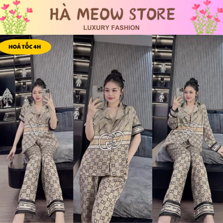 Đồ bộ ngủ nữ Pijama MÀU NÂU ĐỒNG GU SANG lụa cao cấp mặc nhà tay dài siêu cute dễ thương thiết kế in 5D sắc nét