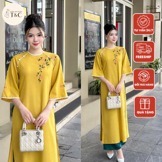 Áo dài cách tân nữ dáng suông cổ tàu tay lỡ chất liệu linen thêu hoa màu vàng xinh xắn - Xưởng Áo Dài Cách Tân- AD95