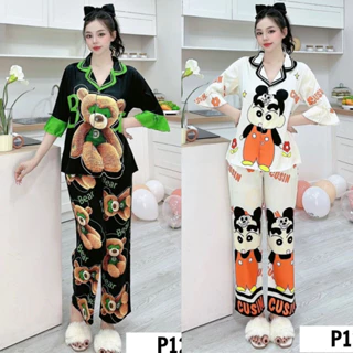 Set Đồ Bộ Pyjama Siêu xinh Chất Lụa xước Cao cấp Tay lửng Thắt nơ Mặc nhà Thoáng mát