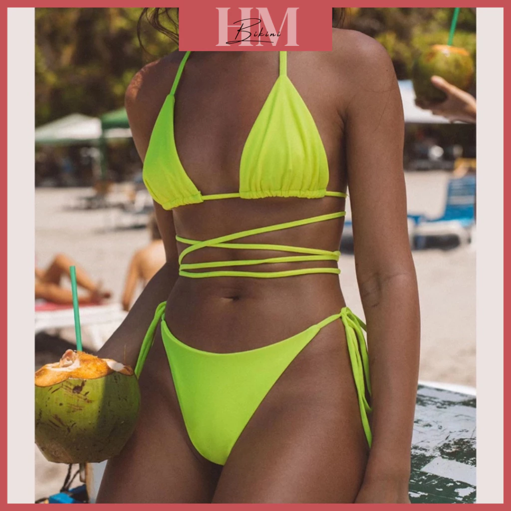 Bikini đồ bơi đi biển hai mảnh tam giác màu xanh dạ quang