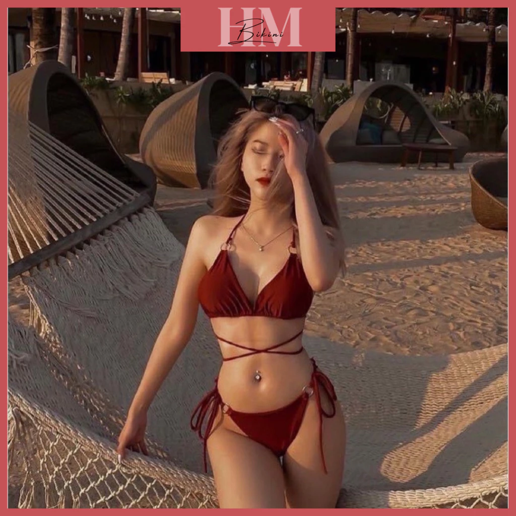 Bikini 2 mảnh đồ bơi nữ tam giác phối khoen dây dài màu đỏ đô