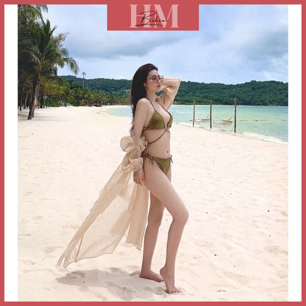 Bikini 2 mảnh tam giác khoen tròn dáng basic màu xanh rêu