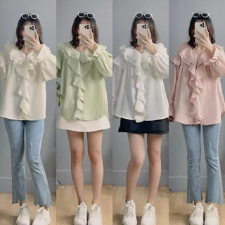 Áo sơ mi sóng bèo dài tay cổ V bèo tay bồng, Áo babydoll kiểu cổ bèo xinh - Molly House Store