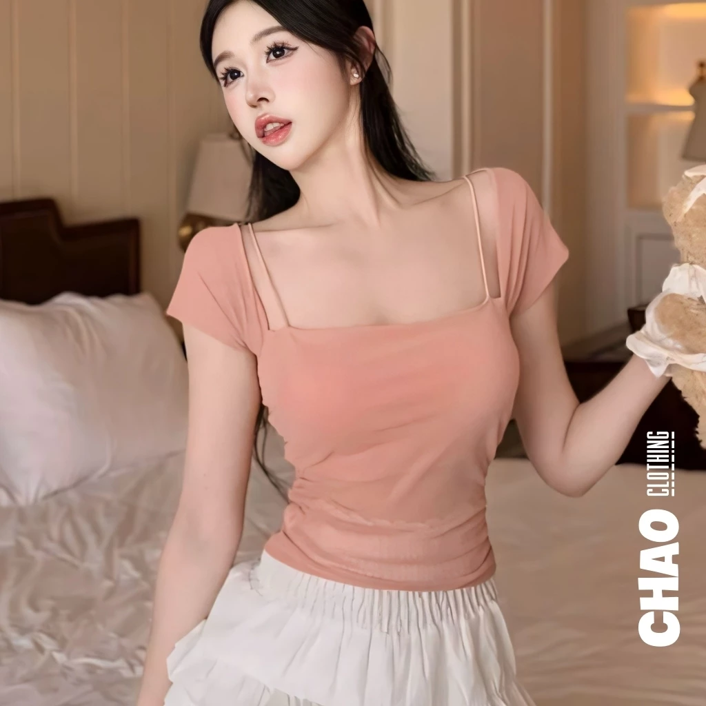 Áo lưới ngắn tay CHAO CLOTHING, Áo lưới cổ vuông phối dây gợi cảm, chất lưới mềm mịn form dài C8