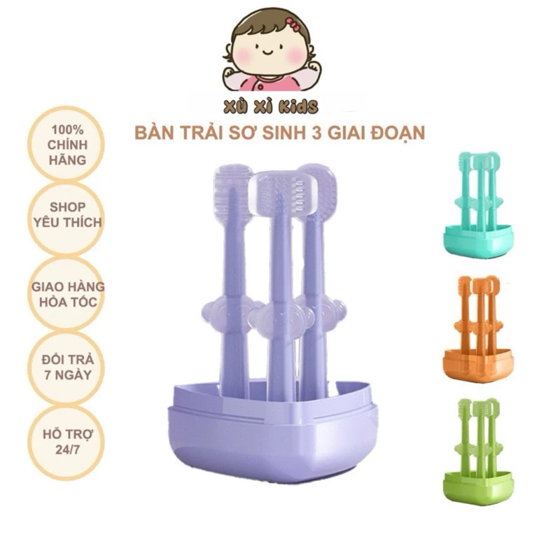 Set 3 Bàn Chải Silicone 3 Giai Đoạn Hogokids Phát Triển Răng Nướu, Làm Sạch Rơ Lưỡi - Có Hộp Đựng Cho Bé Từ 0-18m