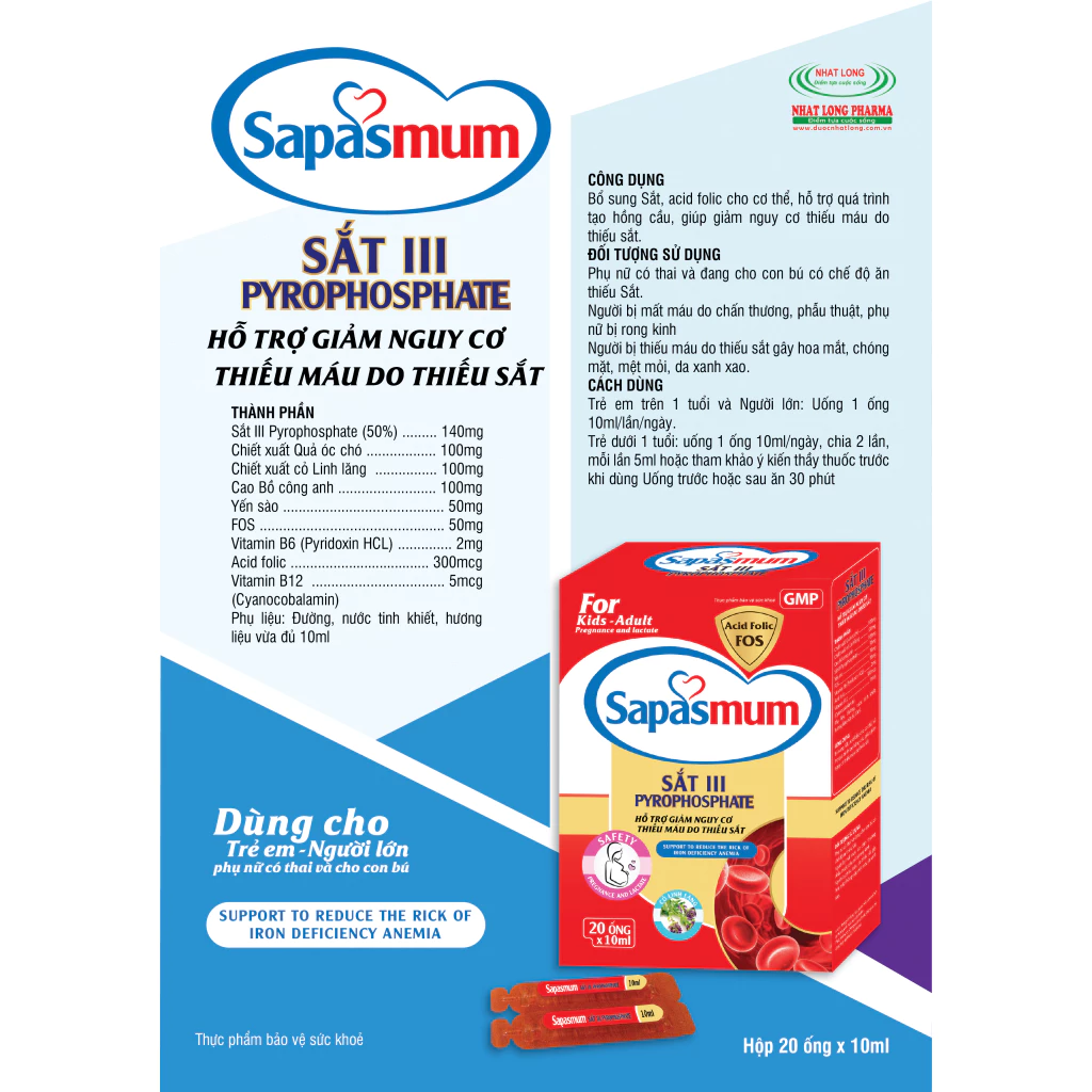 Bổ bầu Sapasmum sắt III pyrophosphate hộp 20 ống sắt, acid folic tái tạo hồng cầu giảm nguy cơ thiếu máu Sapas mum