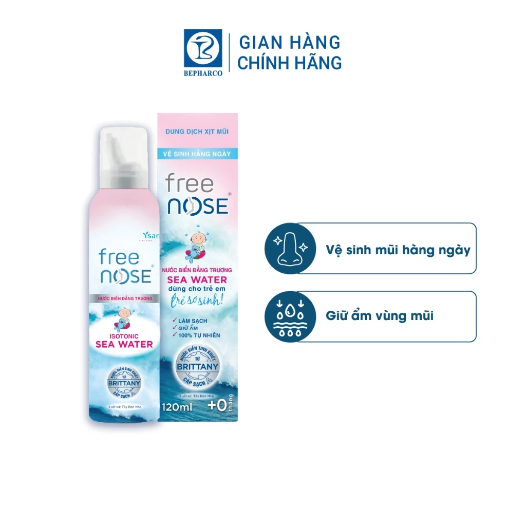 Xịt mũi Free Nose dùng cho trẻ sơ sinh vệ sinh mũi hằng ngày giúp thông mũi, kháng khuẩn đẳng trương chai 120ml