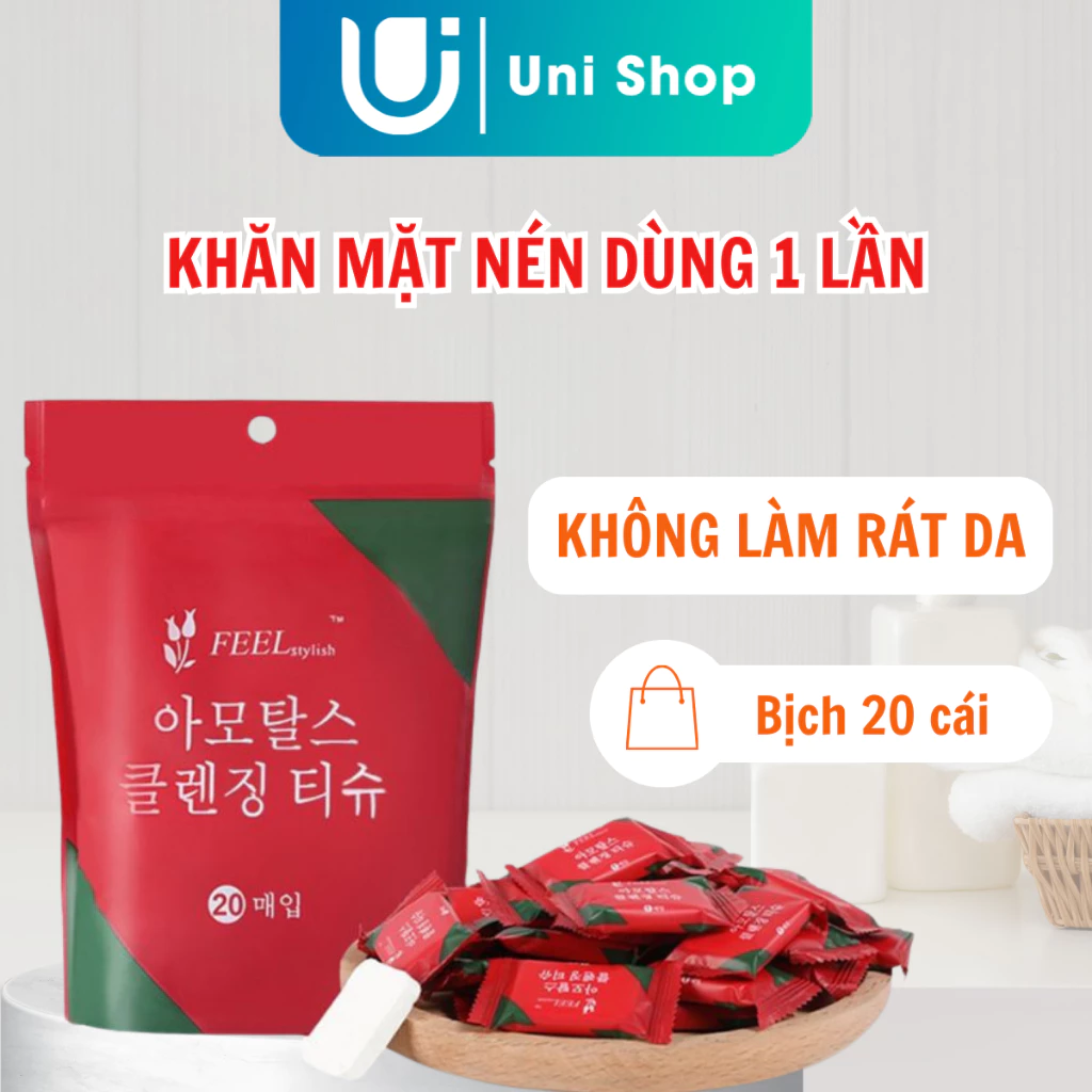 Khăn Mặt Nén Dùng 1 Lần, Bịch 20 Chiếc Khăn Nén Lau Mặt 24x30cm Chất Cotton Mềm Min Nhỏ Gọn Tiện Lợi Uni Shop