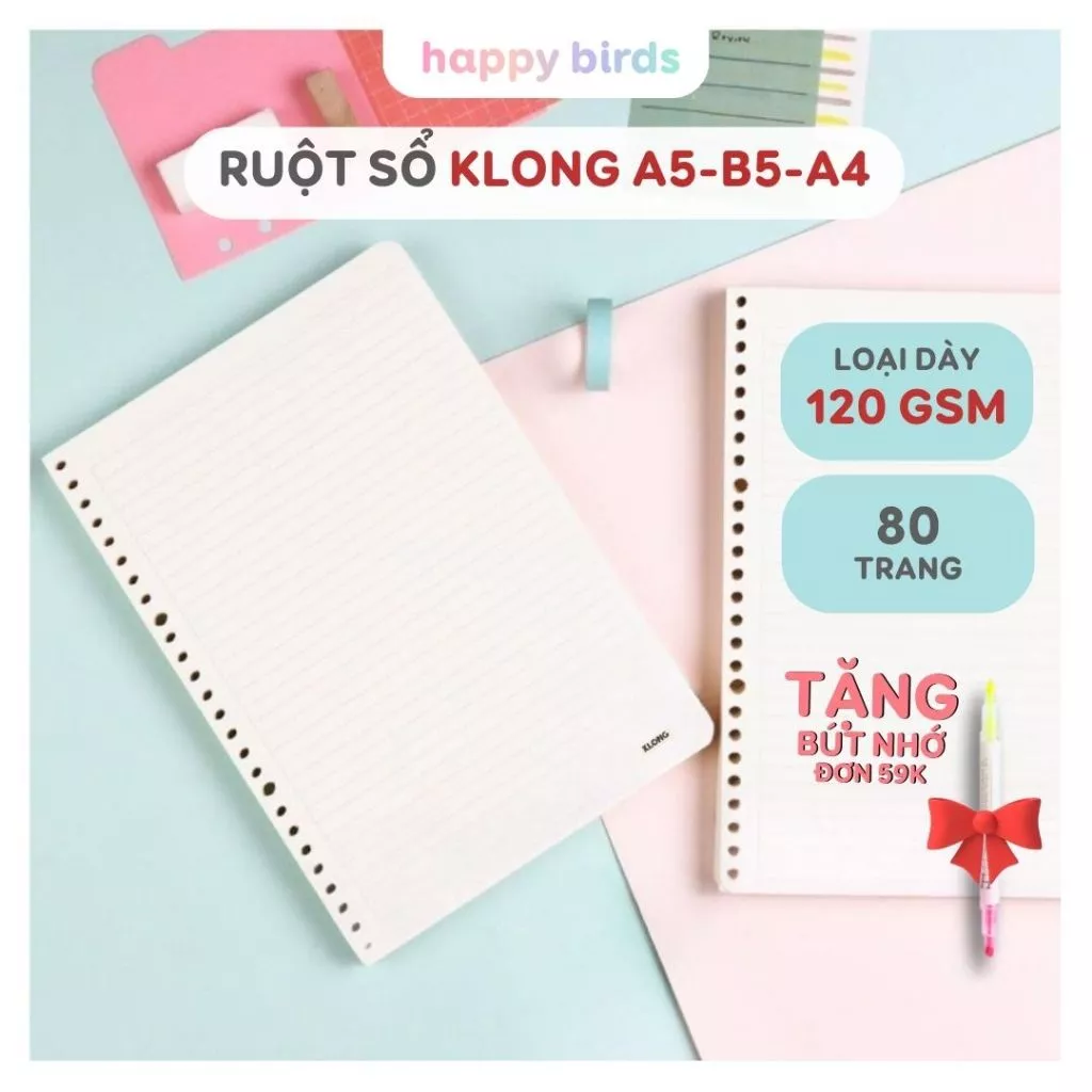 Ruột sổ còng giấy refill KLONG A4 A5 B5 loại dày 120gsm caro kẻ ngang trơn chấm dot - The Happy Birds