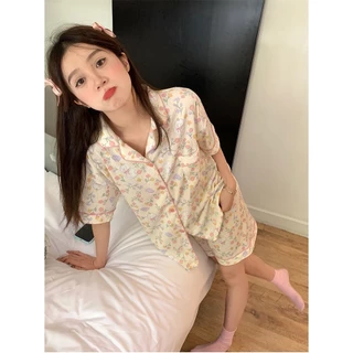 (ORDER) Bộ đồ ngủ cộc tay Pijama hoa nhí màu vàng kem đáng yêu điệu đà Hàn Quốc Homedress Quảng Châu cao cấp