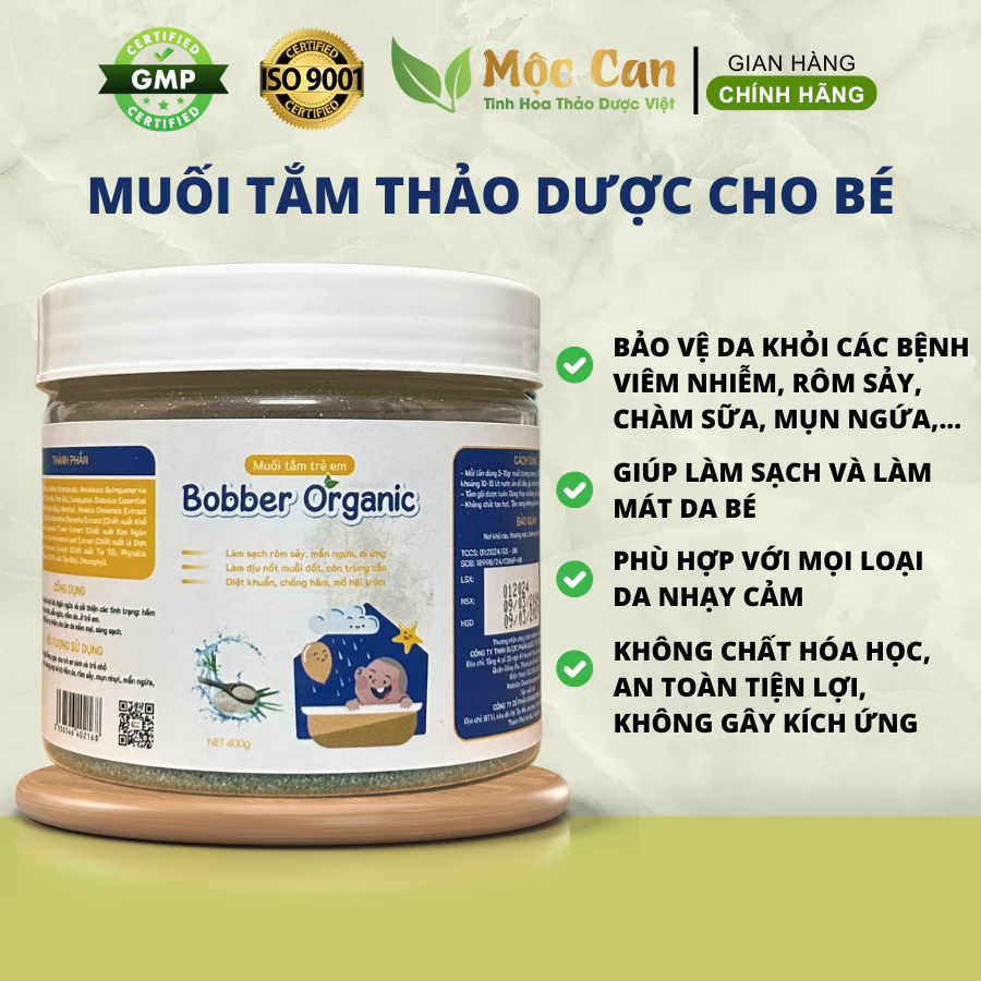 Muối tắm sinh dược, Muối Tắm Bé Thảo Dược BobBer Organic từ thiên nhiên sạch rôm sảy, viêm da, tăng đề kháng cho bé