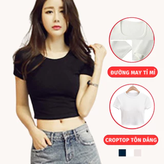 Áo Thun Croptop Cổ Tròn Ngắn Tay Ôm Body Madela Vải Mềm Mịn Co Dãn, Croptop Thun Cộc Tay Nữ Cổ Tròn