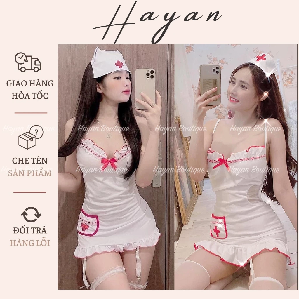 HT503 Bộ đồ Cosplay y tá sexy gợi cảm, váy ngủ hoá trang có đai kẹp tất HT503