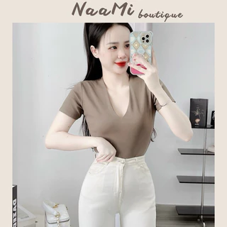 Áo cổ tim NaaMi form tay ngắn dáng dài chất thun cotton co giãn mát mịn màu basic dễ phối đồ hợp thời trang bắt trend
