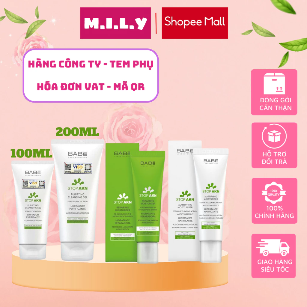 [Hàng Công ty] Sữa rửa mặt BABE Stop Akn Purifying Cleansing gel cho da dầu mụn 100ml - 200ml