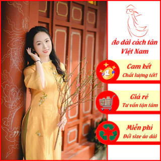 Áo Dài Cách Tân Màu Vàng Họa Tiết Thêu Hoa Kèm Đính Cườm Thủ Công Cao Cấp