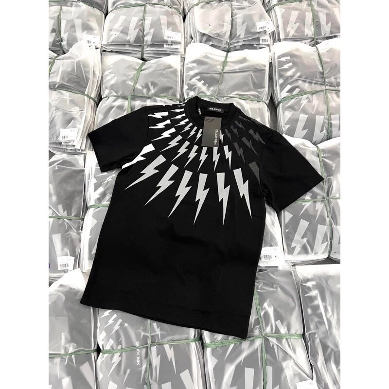 Áo Thun Nam Nữ In Hình Tia Sét Cao Cấp Thời Trang Cực Chất Hot Trend Cổ tròn Đen Cotton